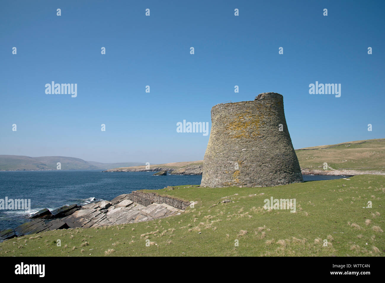 Ancient broch, a drystone structure with hollow walls, Mousa, Shetland, Scotland, UK, May 2013. Stock Photo