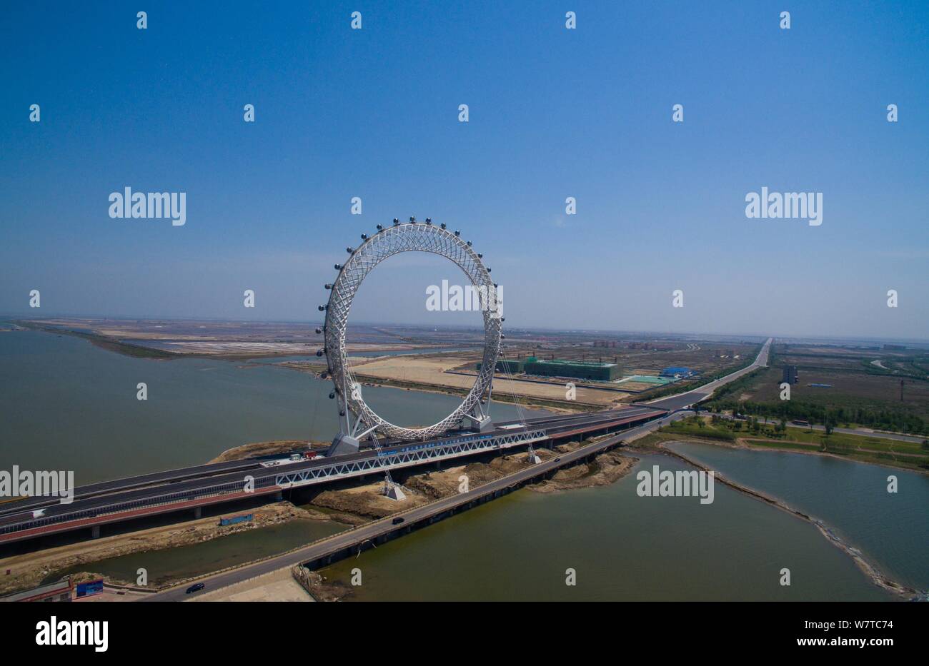 Aerial view of Bailang River Bridge Ferris Wheel, the world's first