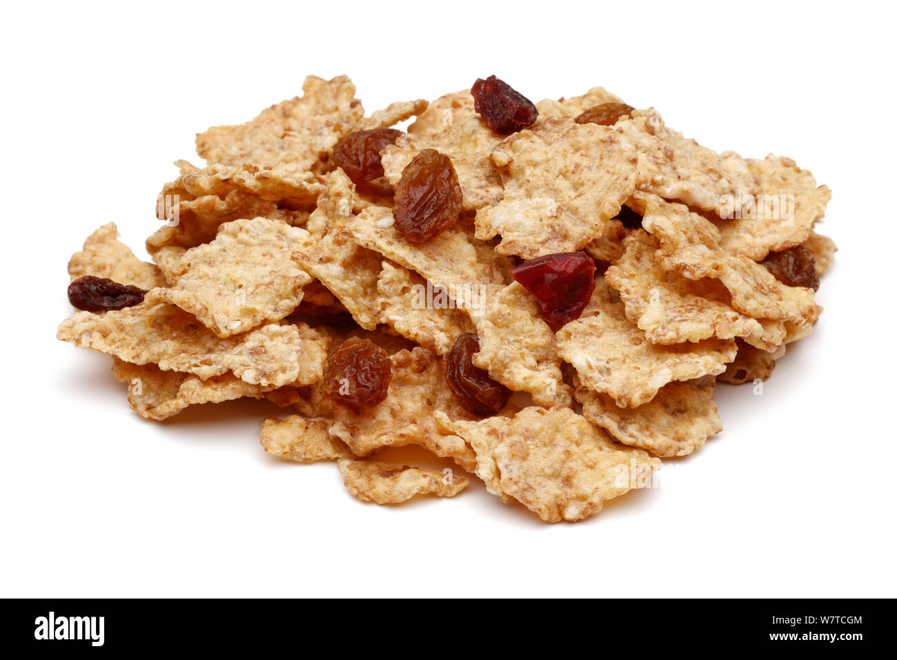 Heap of cereal with raisins isolated on white background Stock Photo