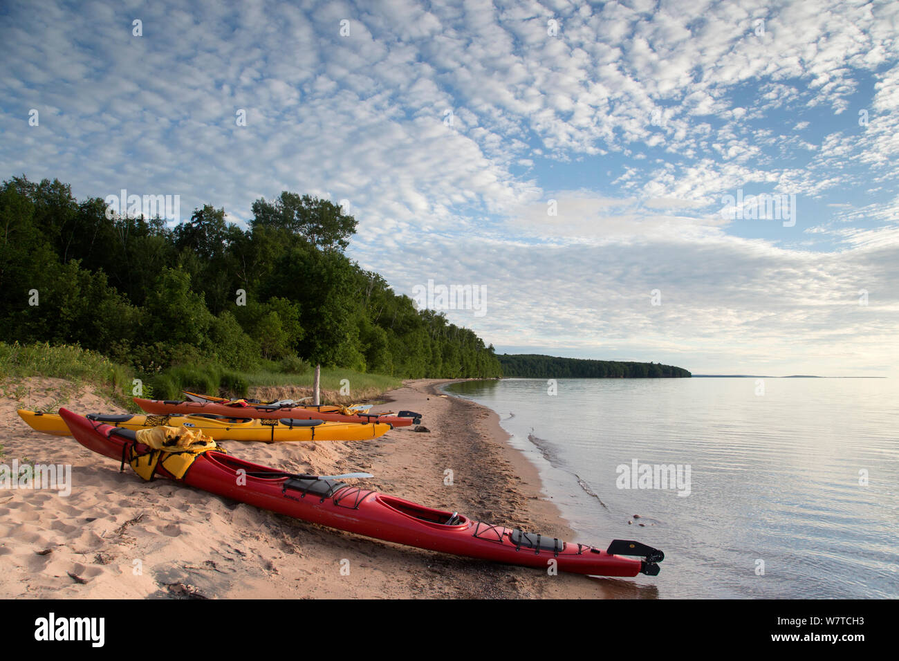Kayaks on a beach at the edge of Lake Superior, Apostle Islands