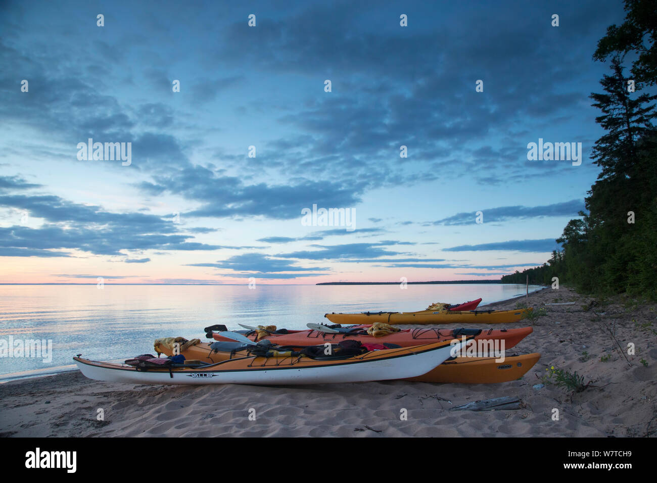 Kayaks on a beach at the edge of Lake Superior, Apostle Islands