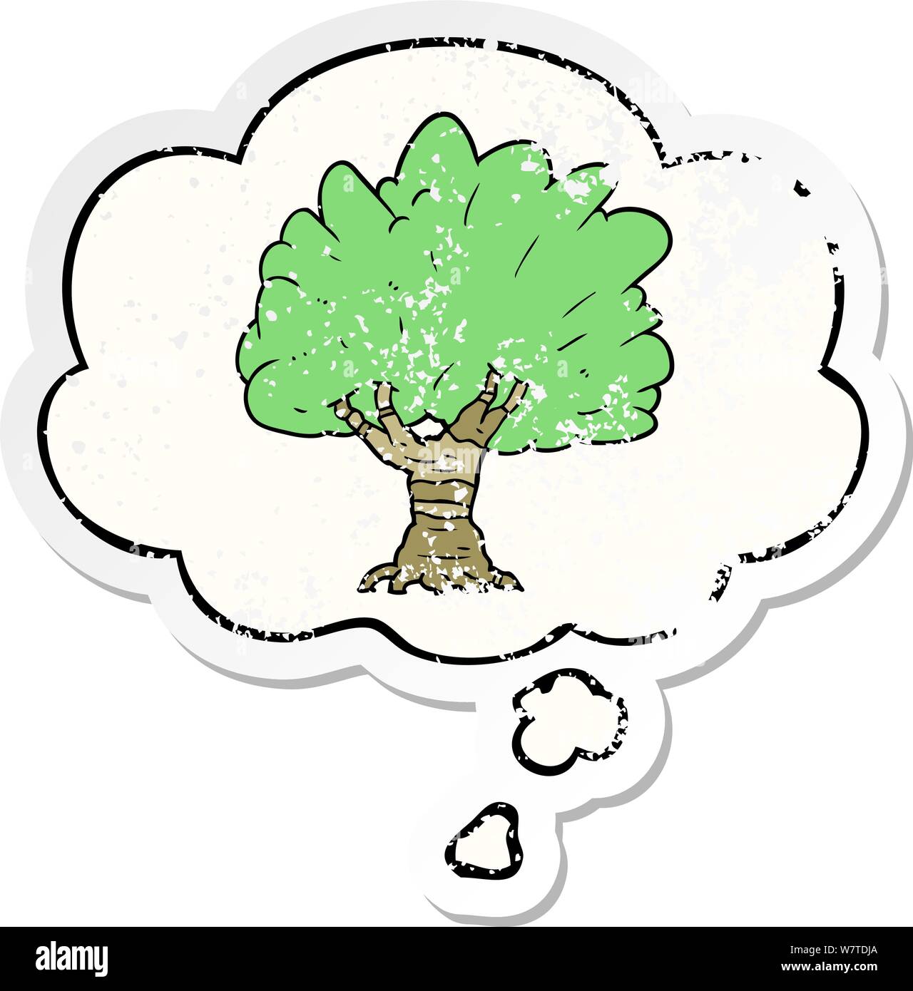 cartoon tree with thought bubble as a distressed worn sticker Stock ...