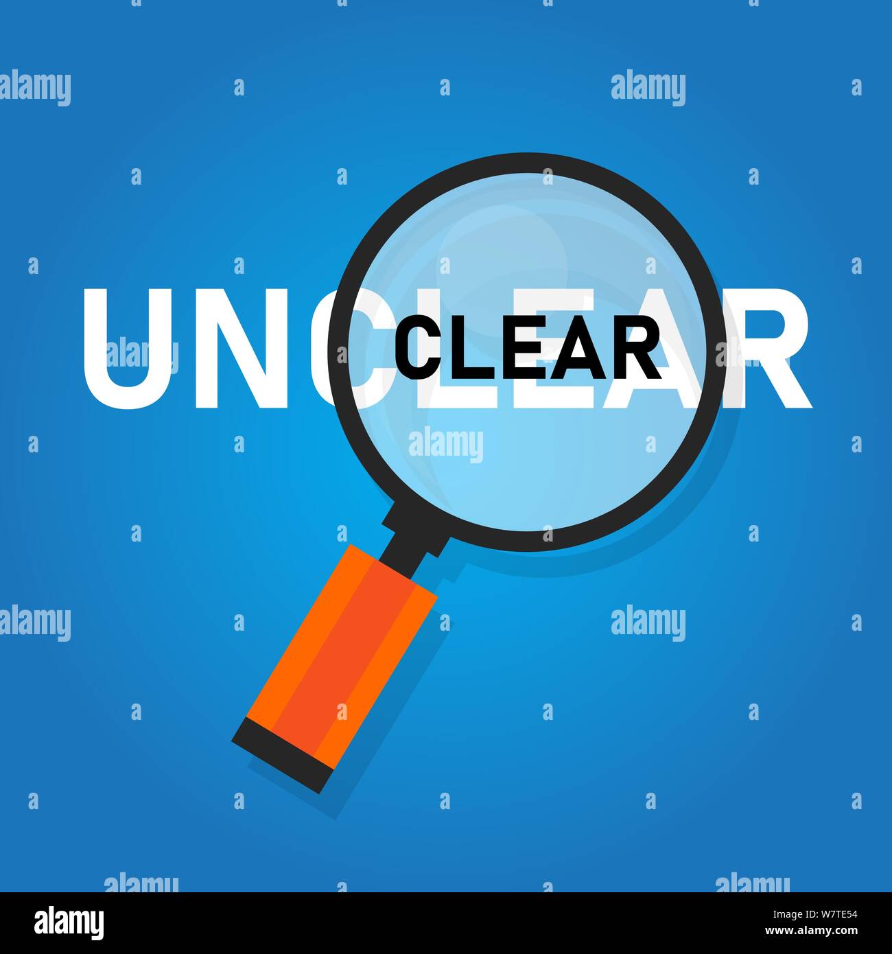 Clear unclear word zoomed with magnifying glass. Concept of confuse and clarity. Stock Vector