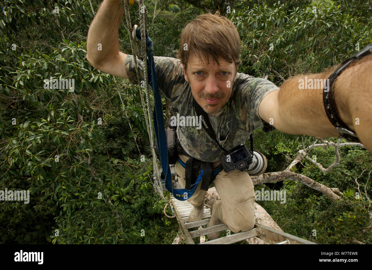 Photographer Tim Laman on the canopy walkway at the Tiputini ...