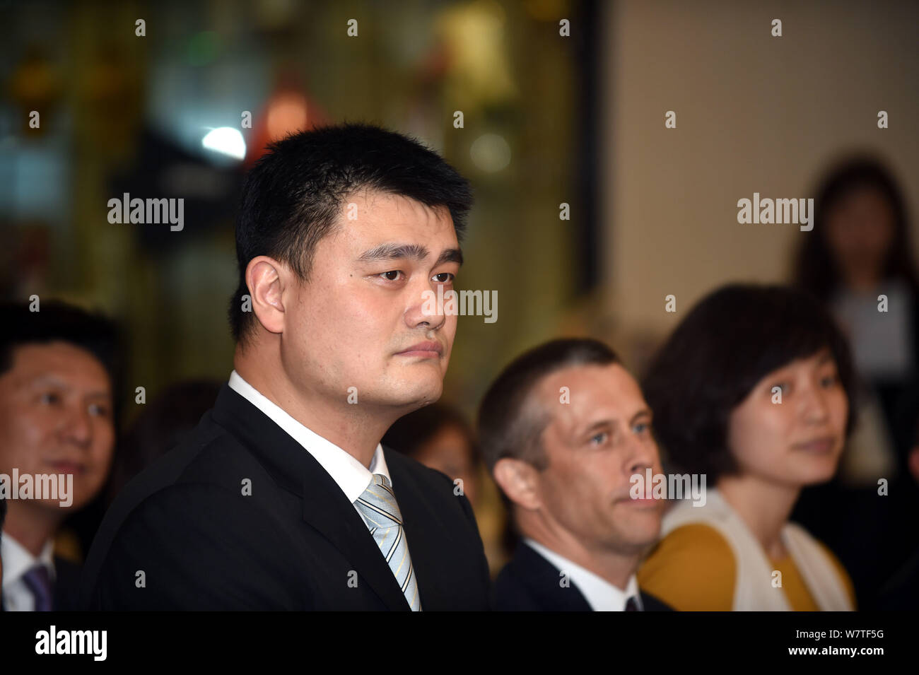 Retired Chinese basketball star Yao Ming, chairman of the Chinese Basketball Association (CBA), is pictured during a press conference for the annual ' Stock Photo