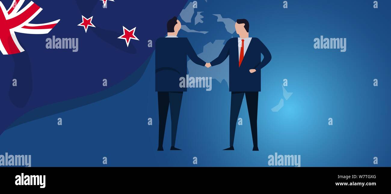 New Zealand international partnership. Diplomacy negotiation. Business relationship agreement handshake. Country flag and map. Corporate Global Stock Vector