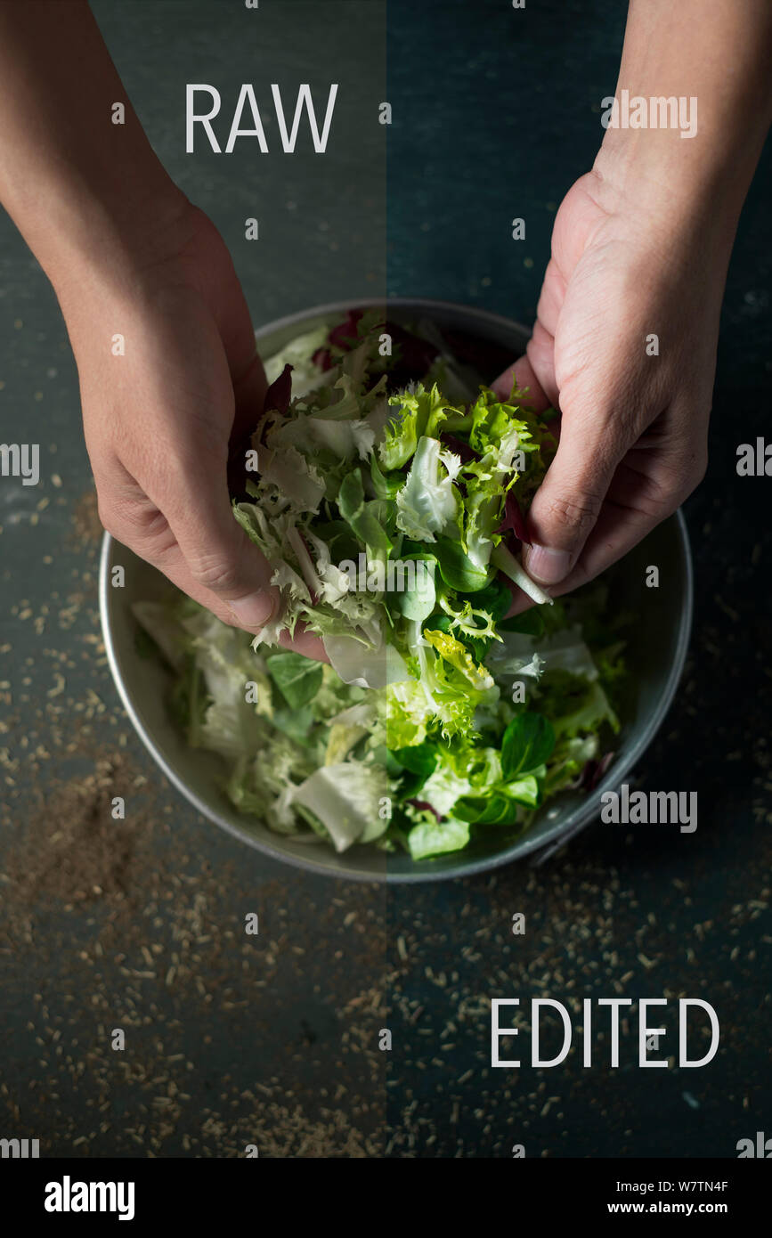 raw and edited photo of a man preparing a salad, the raw photo on the left half and the edited on the right half Stock Photo