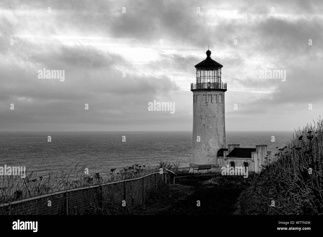 Black and white photograph of North Head Light in Cape Dissappointment State Park, Washington, USA, August 2012. Stock Photo