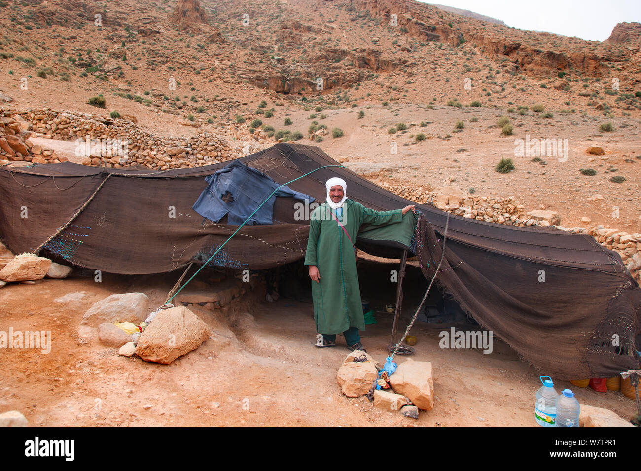 Bedouin nomad standing outside tent, Sahara Desert, Morocco, North Africa, March 2011. Stock Photo