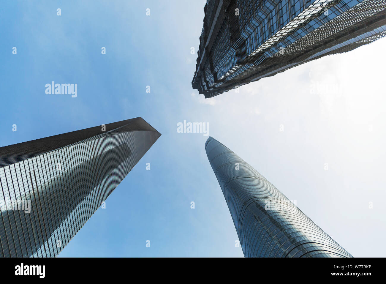 An worm's eye view of (from left) the Shanghai World Financial Center, the Shanghai Tower and Jinmao Tower in the Lujiazui Financial District in Pudon Stock Photo