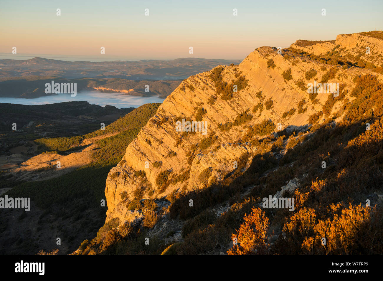 Montsec mountains at sunrise. Pre-Pyrenees, Lleida, Catalonia, Spain, December 2012. Stock Photo