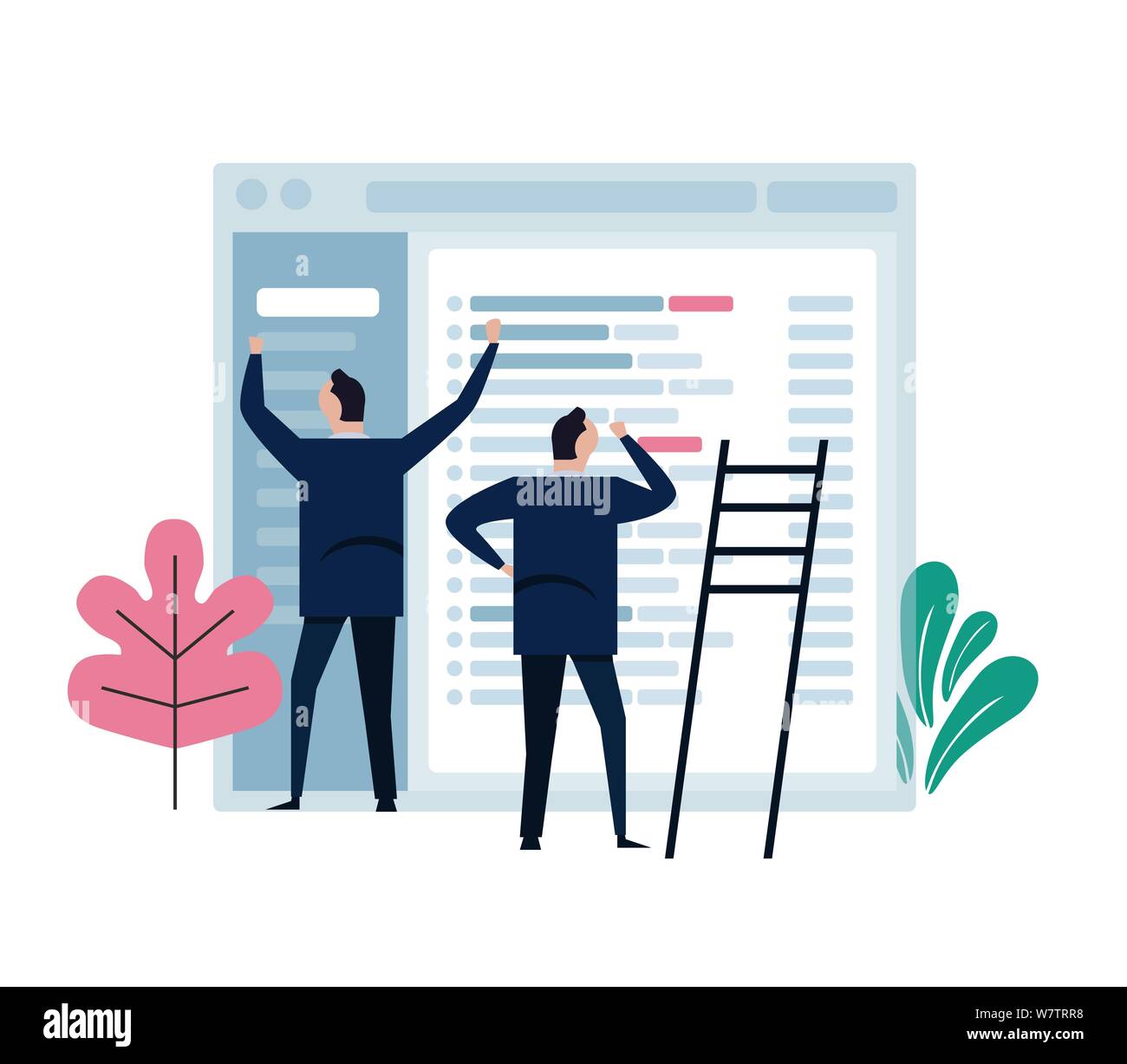 Concept of team work represent in small character working on big email application screen. Develop manage software design. Stock Vector