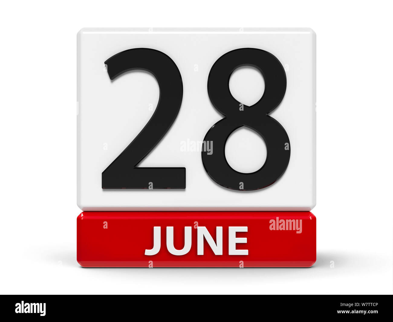 Red and white calendar icon from cubes - The Twenty Eighth of June - on a white table, three-dimensional rendering, 3D illustration Stock Photo