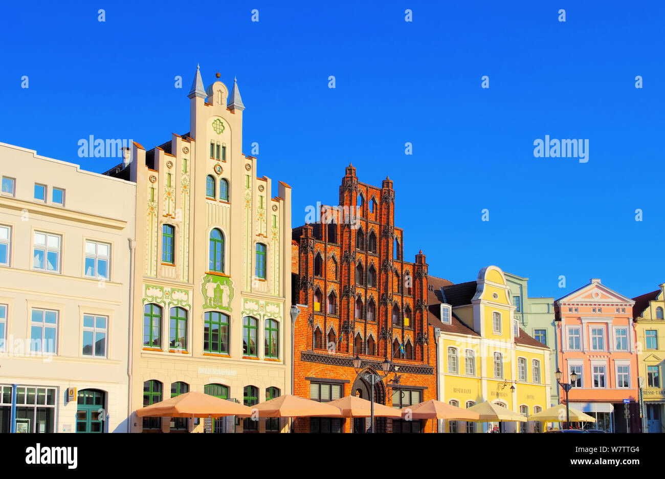 the old town Wismar in northern Germany, houses at the market Stock Photo