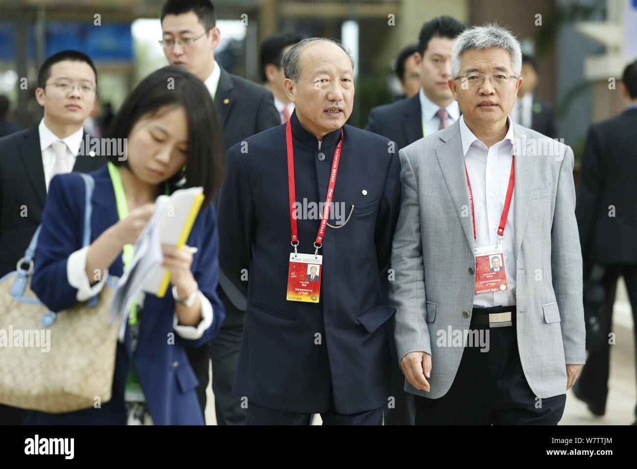 --FILE--Chen Feng, center, chairman and founder of the Chinese business conglomerate HNA Group and Hainan Airlines, attends the Boao Forum for Asia An Stock Photo