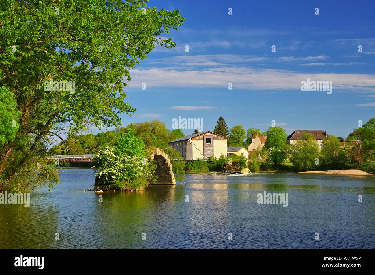 Dole old roman bridge and river Doubs, France Stock Photo