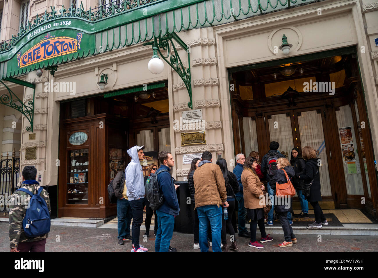 Buenos Aires, August 1, 2019. Crisis in Argentina. People queue up looking for work at the traditional Tortoni bar. Stock Photo