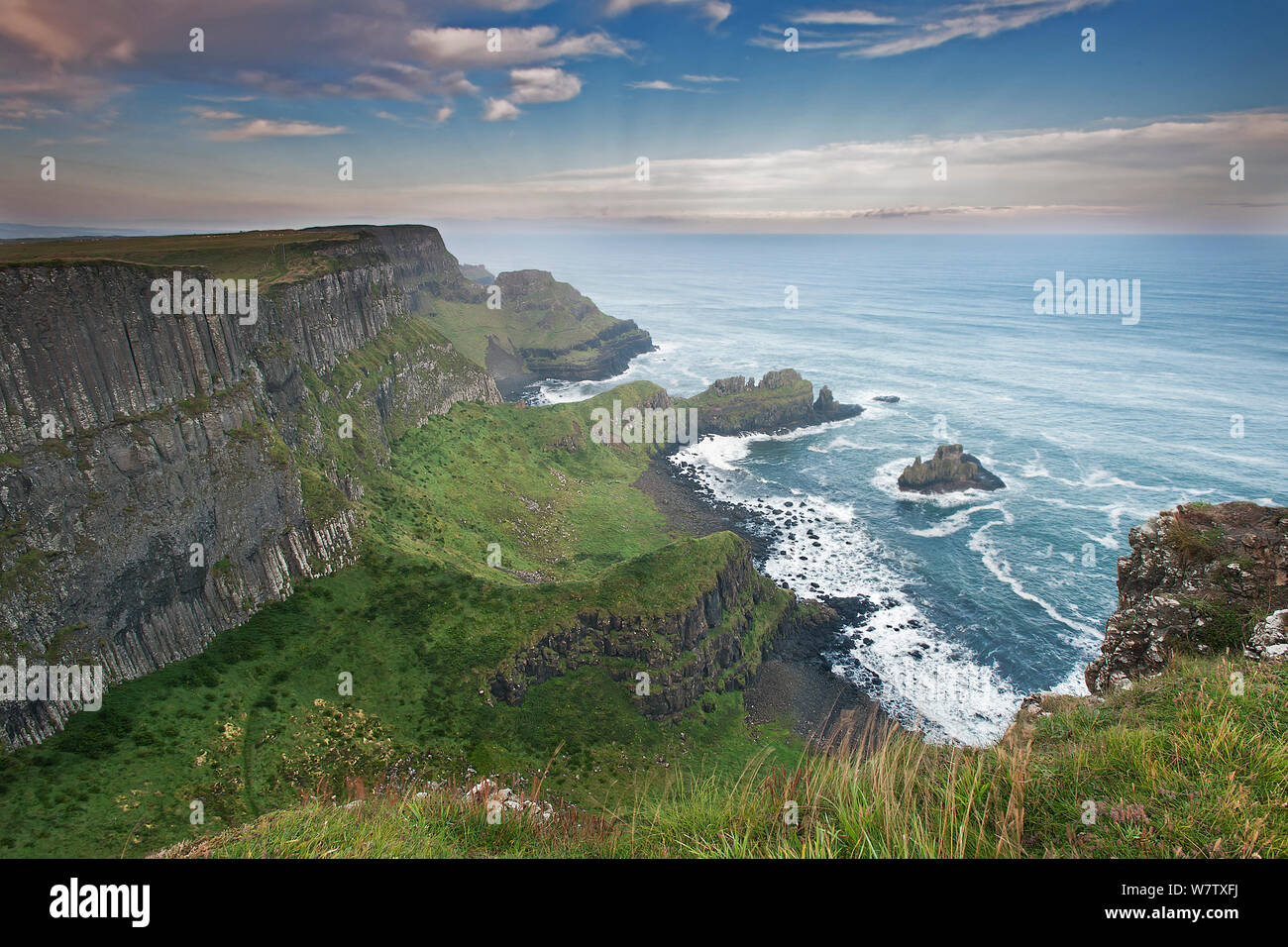 Landscape and cliffs on the Causeway coast, Antrim county, Northern Ireland, UK, September 2013. Stock Photo
