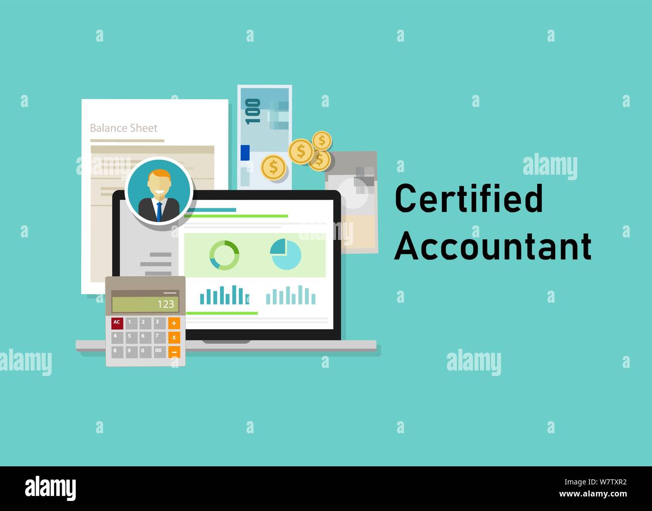 Certified accountant CA paper calculator laptop with people business smile. Business concept of accountant education certification. Stock Vector