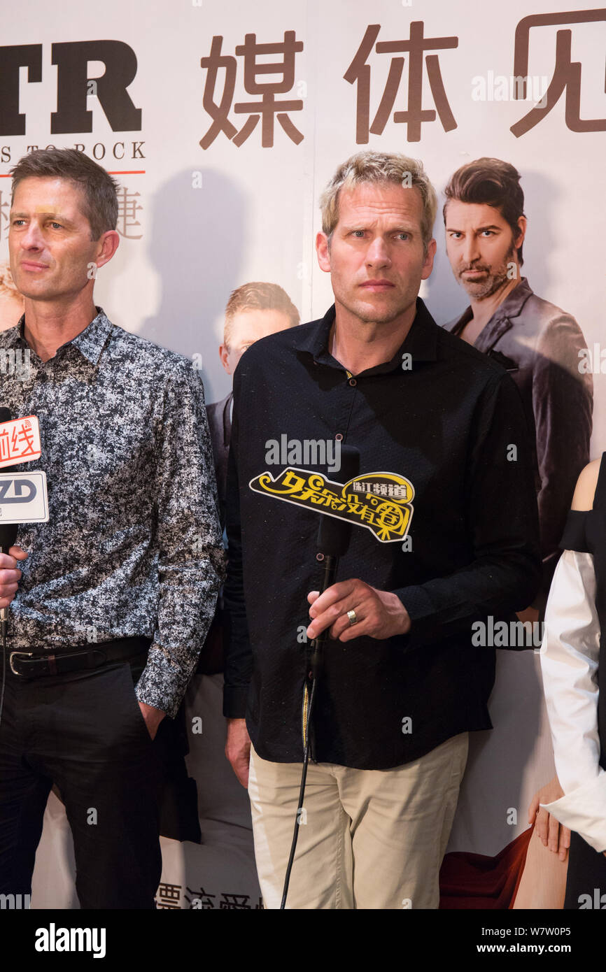 Kare Wanscher, left, and Jascha Richter of Danish rock band Michael Learns to Rock (MLTR) attend a press conference to promote their China concert tou Stock Photo