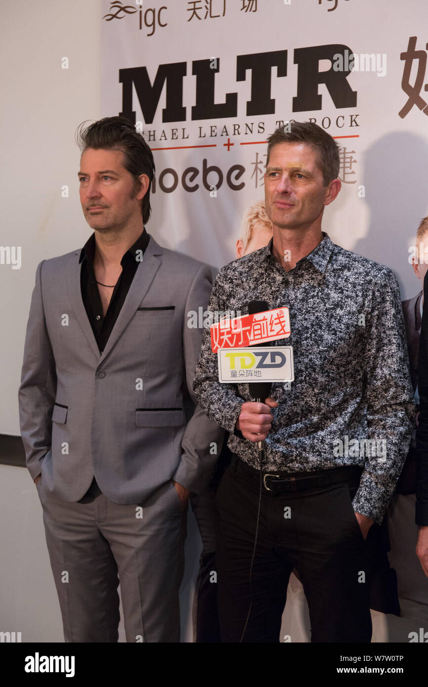 Mikkel Lentz, left, and Kare Wanscher of Danish rock band Michael Learns to Rock (MLTR) attend a press conference to promote their China concert tour Stock Photo