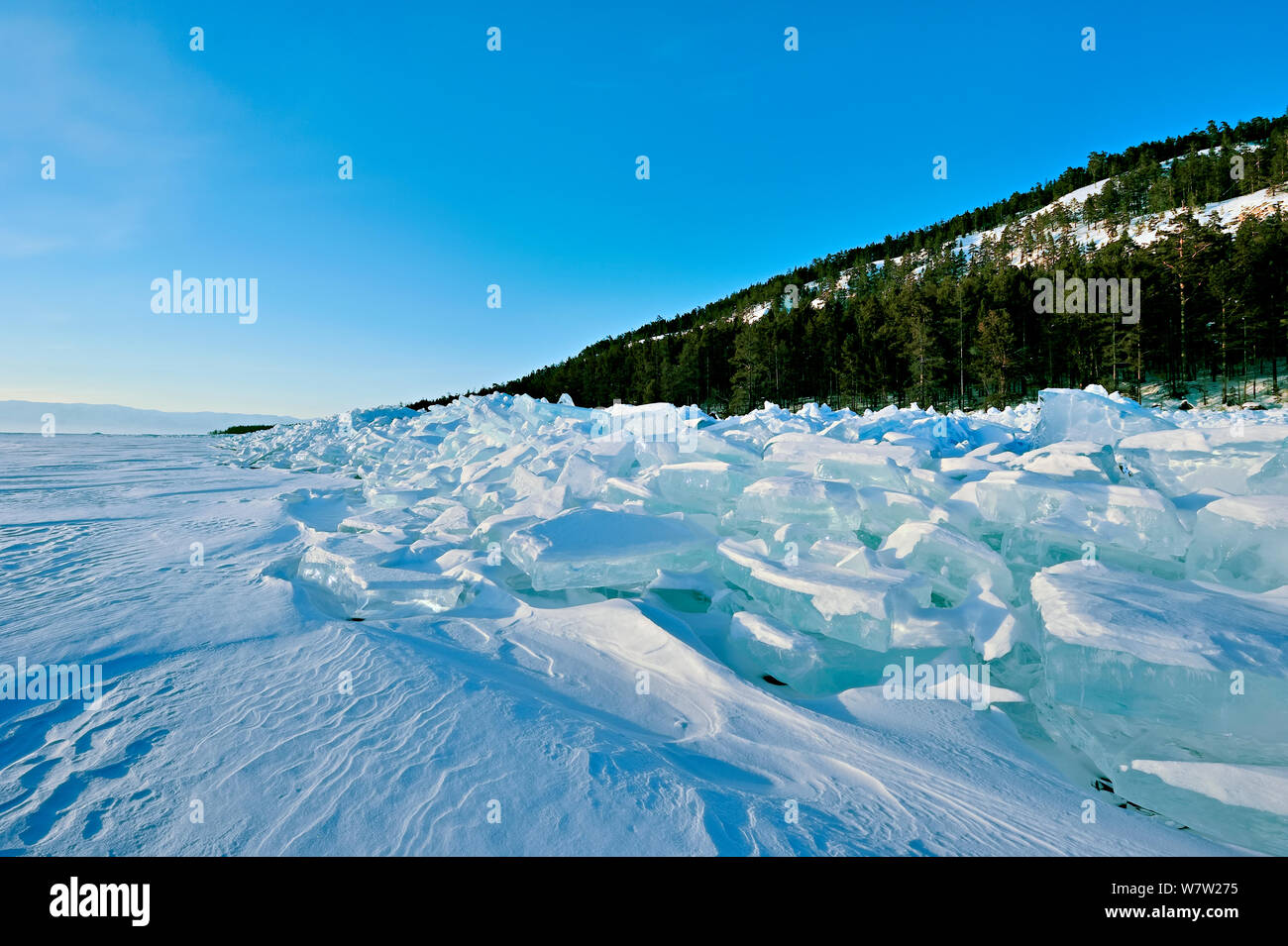 Ice pile of broken shelf ice, near the shore of Lake Baikal, Siberia ...