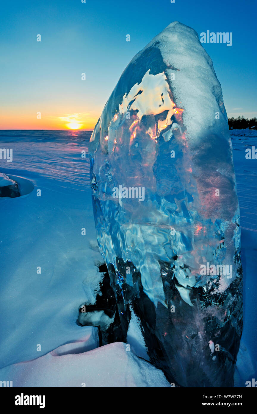 Ice formation at sunset, Lake Baikal, Siberia, Russia, March. Stock Photo