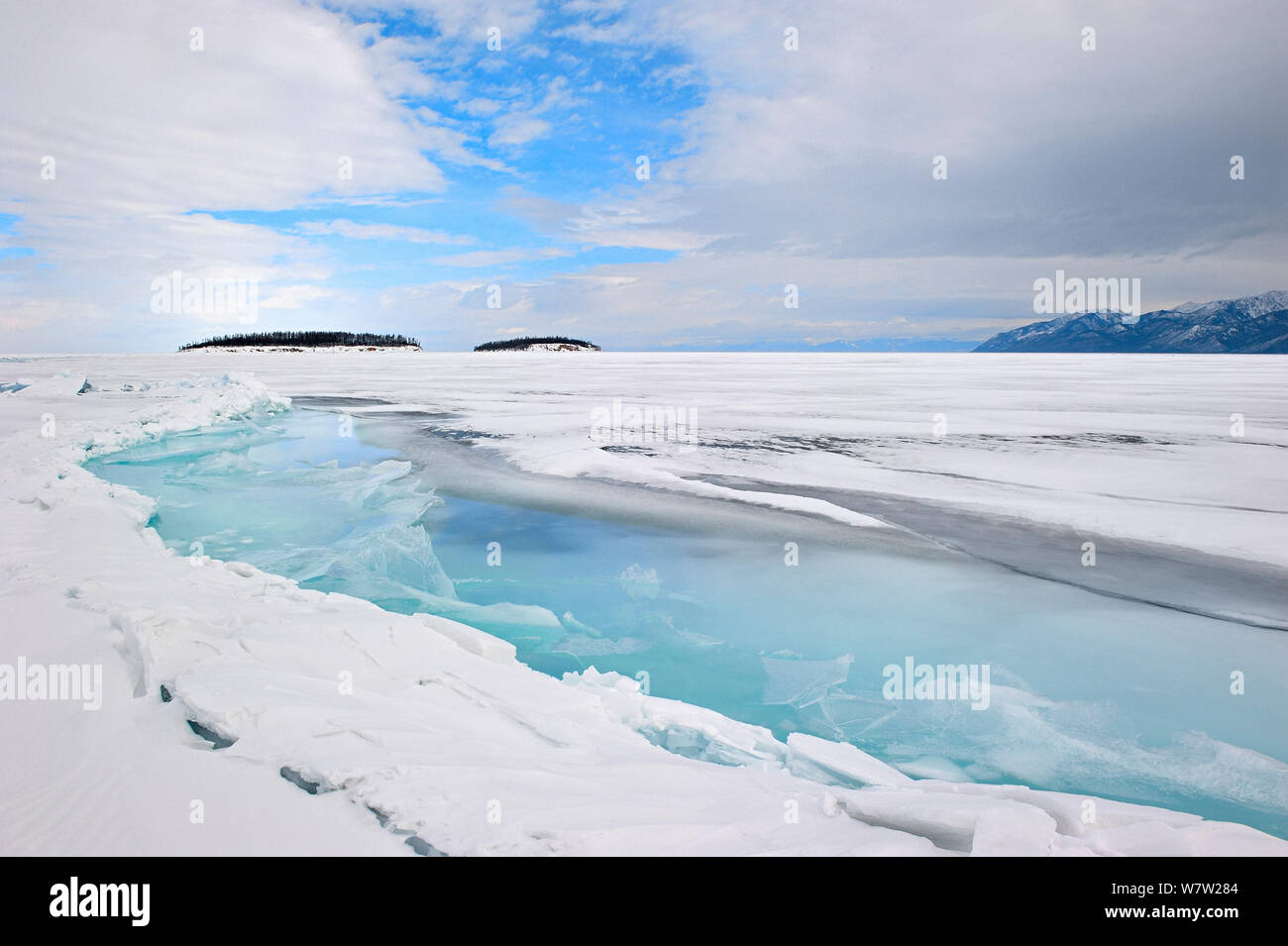 Large crack in Lake Baikal ice, Lake Baikal, Siberia, Russia, March. Stock Photo