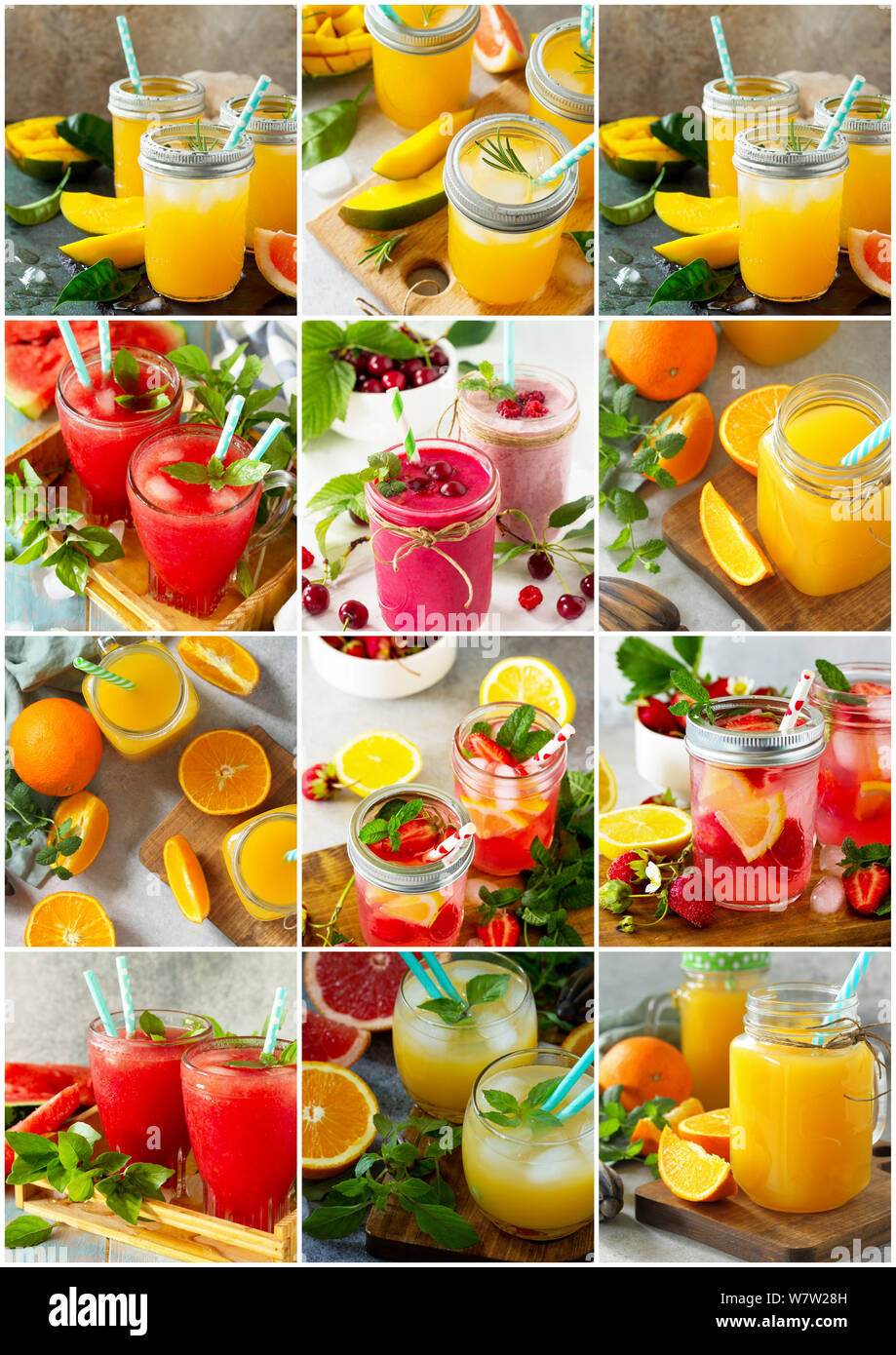 Background collage drinks. An assortment of juice drinks and smoothies on a stone table. Stock Photo