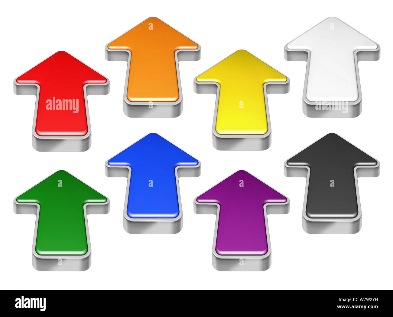 Collection of red, green, blue, yellow, black, orange, purple 3D arrows isolated on white Stock Photo