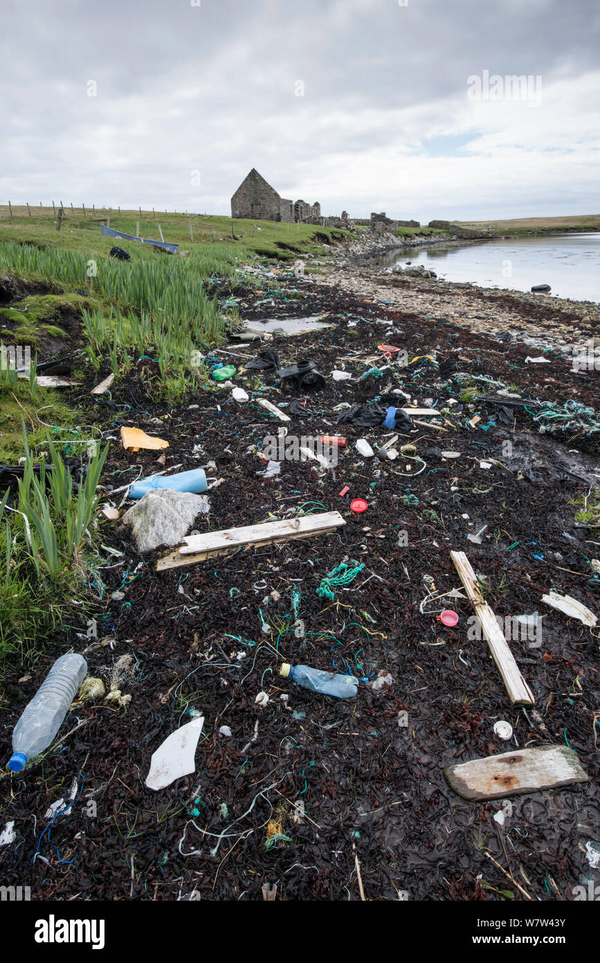 Rubbish washed up on remote beach, Burravoe, Shetland, Scotland, UK, May. Stock Photo
