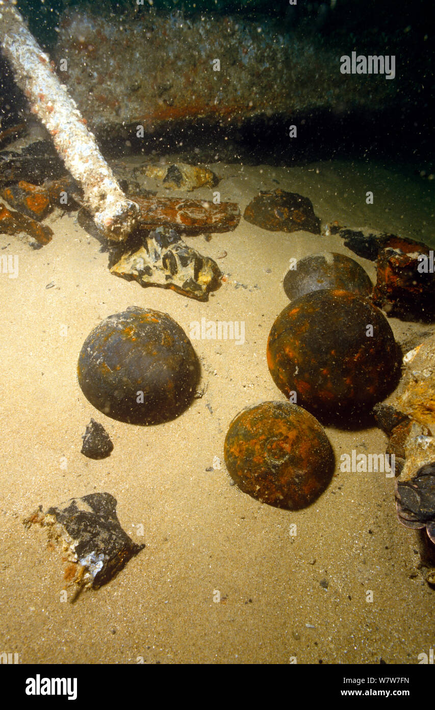 Cannonballs from the &#39;Admiral Gardner&#39;, wrecked 1809 on the Goodwin sands. England. Stock Photo