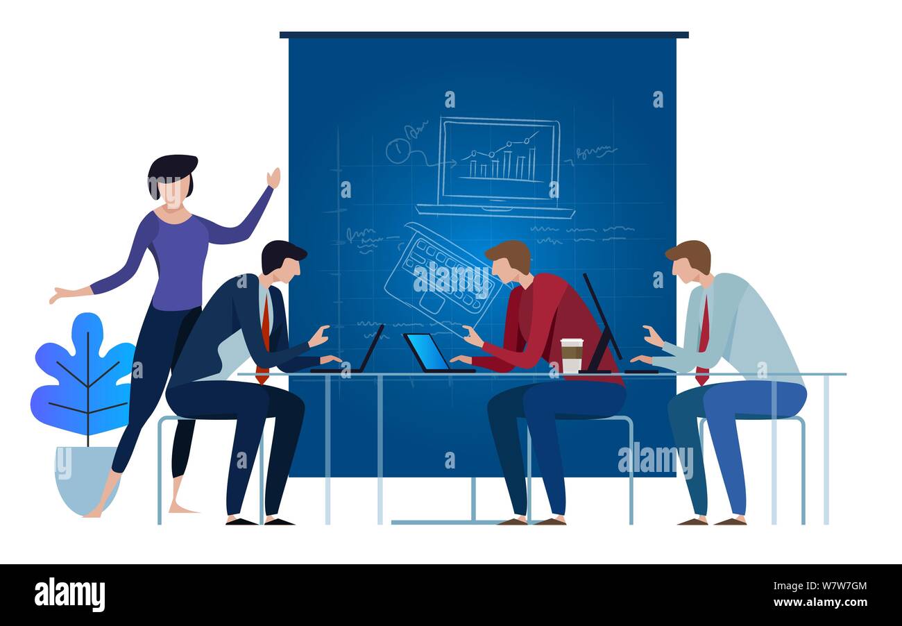 Blue-print team working as team on laptop. concept illustration collaboration together on top of the table vector Stock Vector
