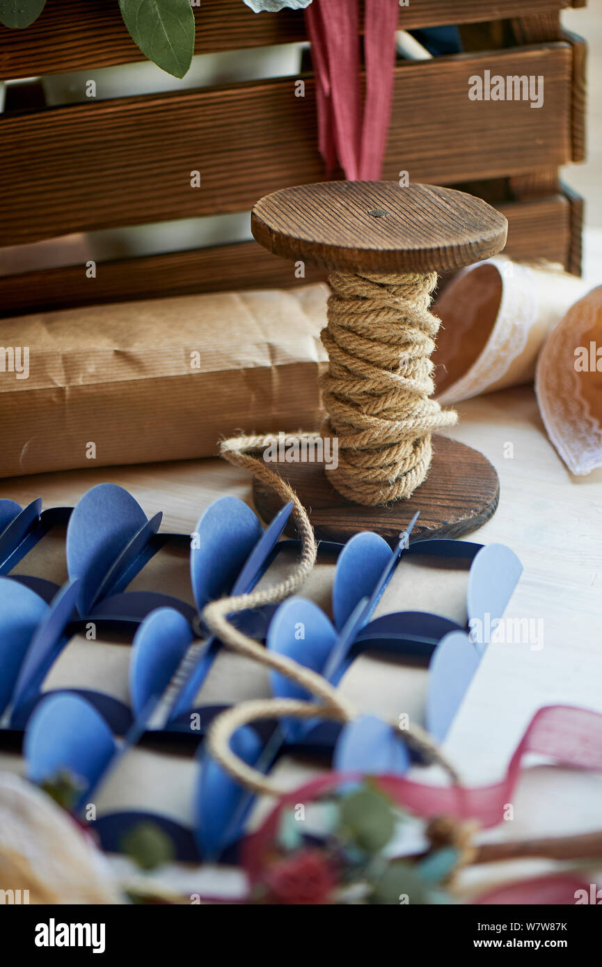 Reel with jute rope , crafts.Manual work. Gift wrapping Stock Photo Alamy
