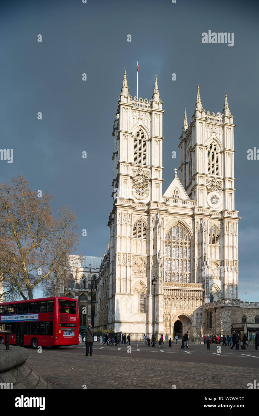 The Great West Door and Towers of Westminster Abby, the famous church in Central London Stock Photo