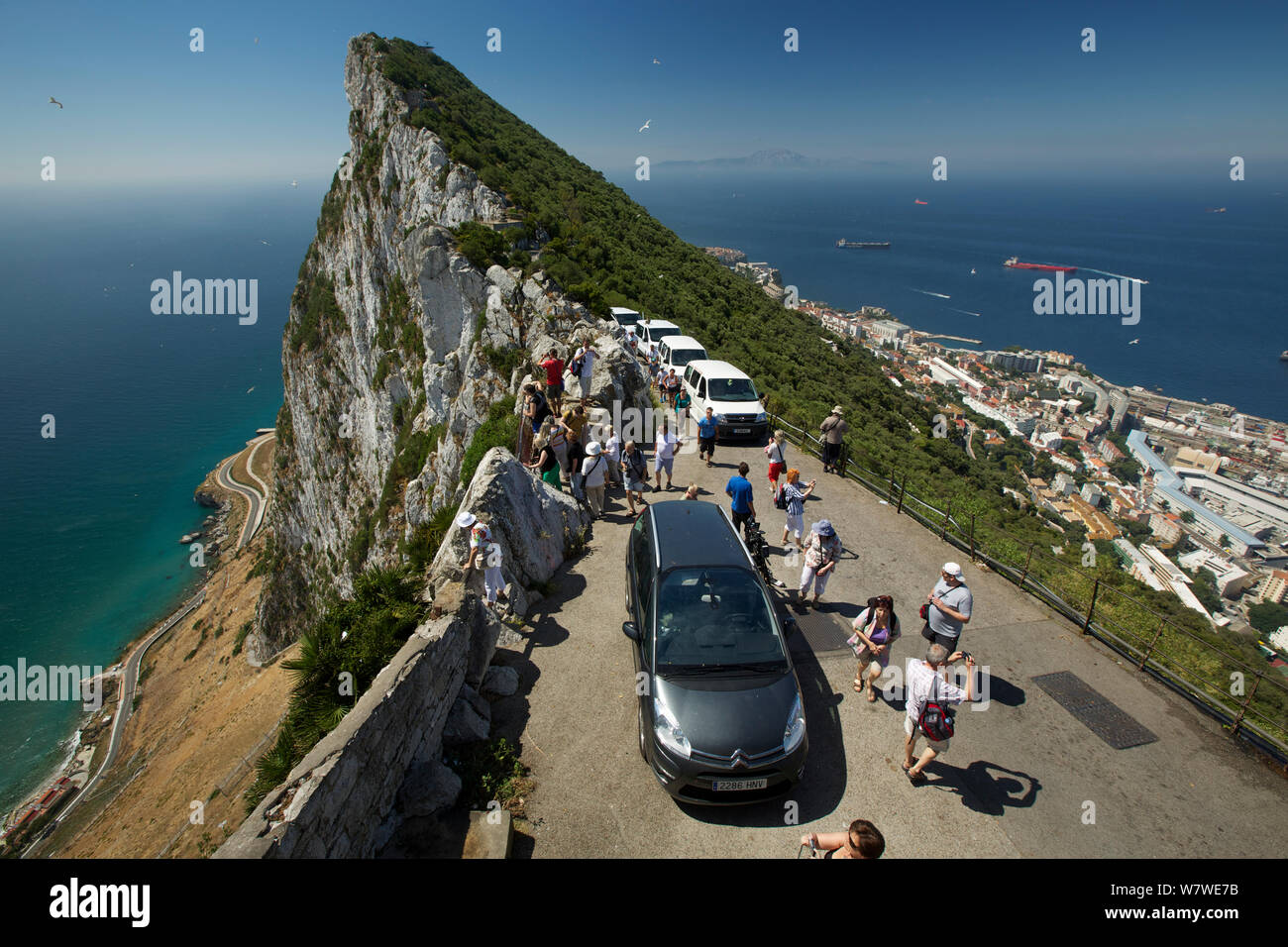 Tourists on the Upper Rock area of the Gibraltar Nature Reserve, Gibraltar, June. Stock Photo