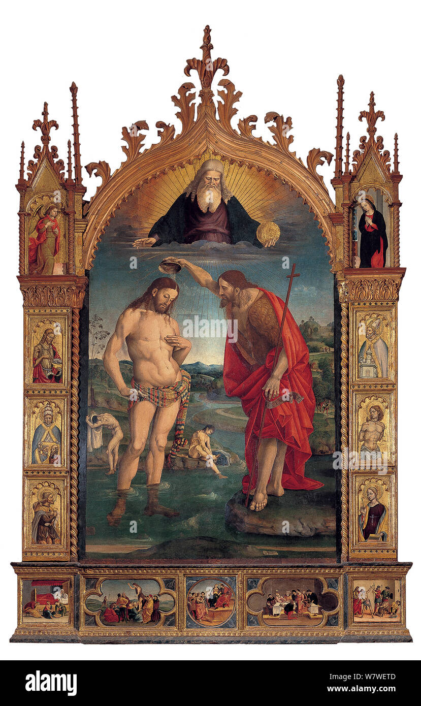 Italy Marche Arcevia  - Collegiata di san Medardo - baptism of Christ By Luca Signorelli Stock Photo