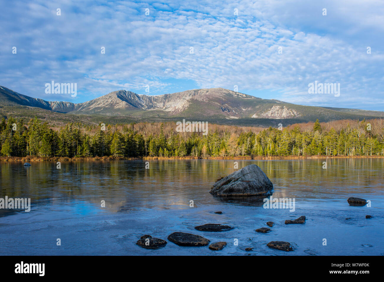 Mt. Katahdin (highest mountain in Maine) with a lake in front. Baxter