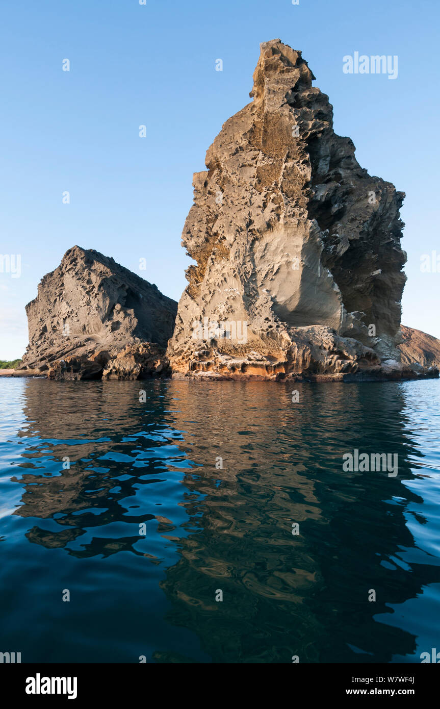Pinnacle Rock, remnant of old eroded tuff cone, Bartolome Island. Galapagos Islands, June 2011. Stock Photo