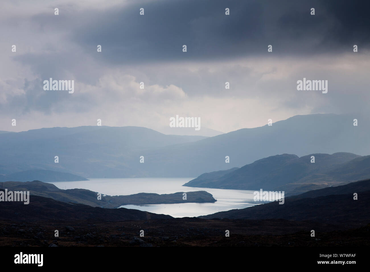 View over Loch Seaforth with incoming storm, Isle of Lewis, Scotland, April 2013. Stock Photo