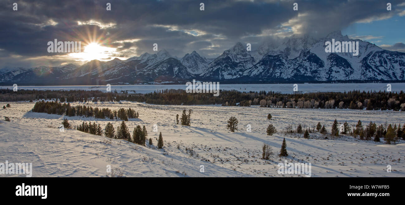 Teton range at sunset in winter, seen from Jackson Hole Valley, Grand Teton National Park, Wyoming, USA, February 2013. Stock Photo