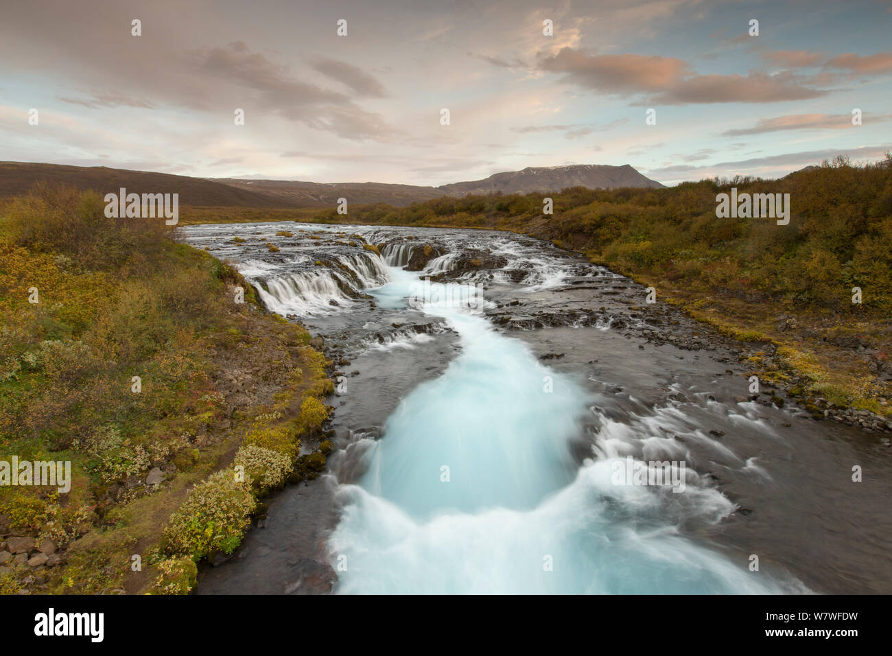 Bruarfoss waterfall at dawn with rapids, Iceland, September 2013. Stock Photo