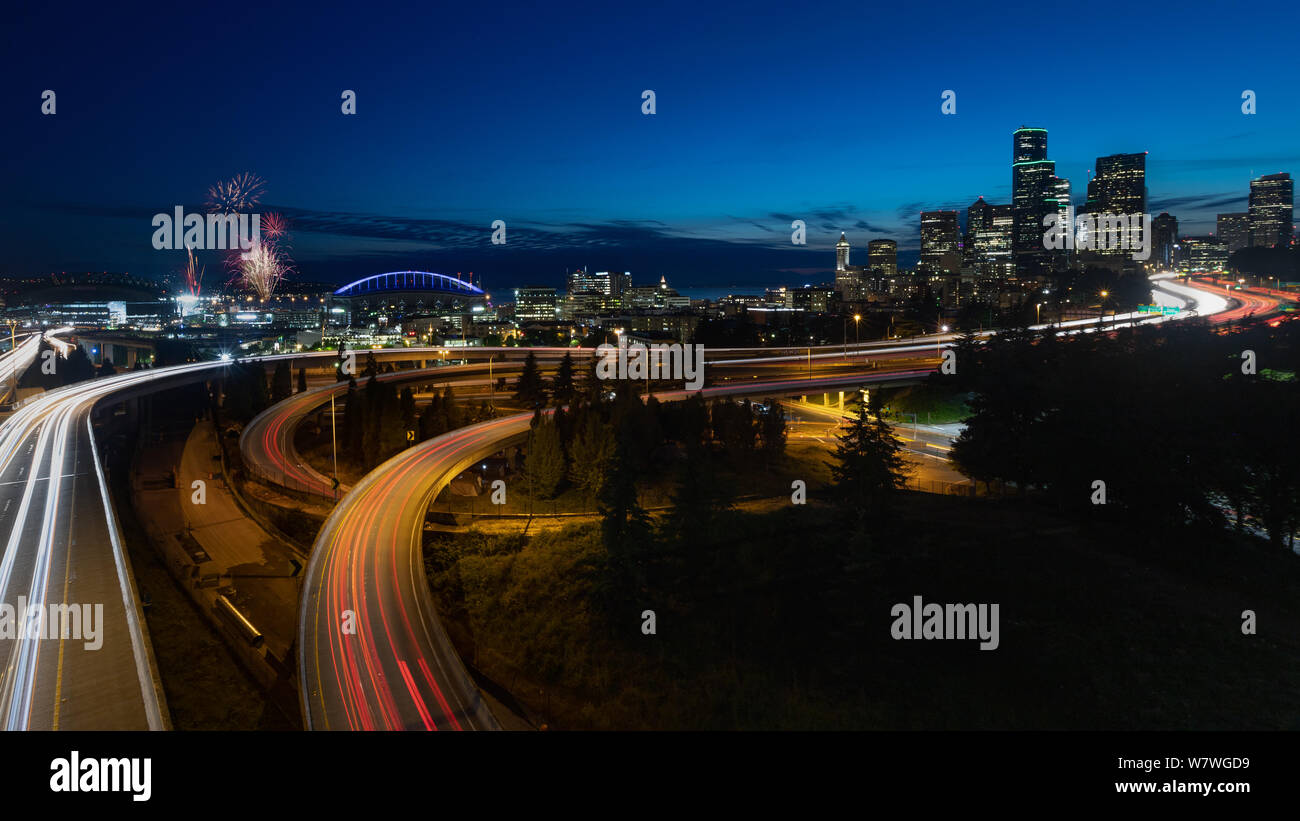 This is the picture of Seattle Skyline Firework at Night Washington. Stock Photo