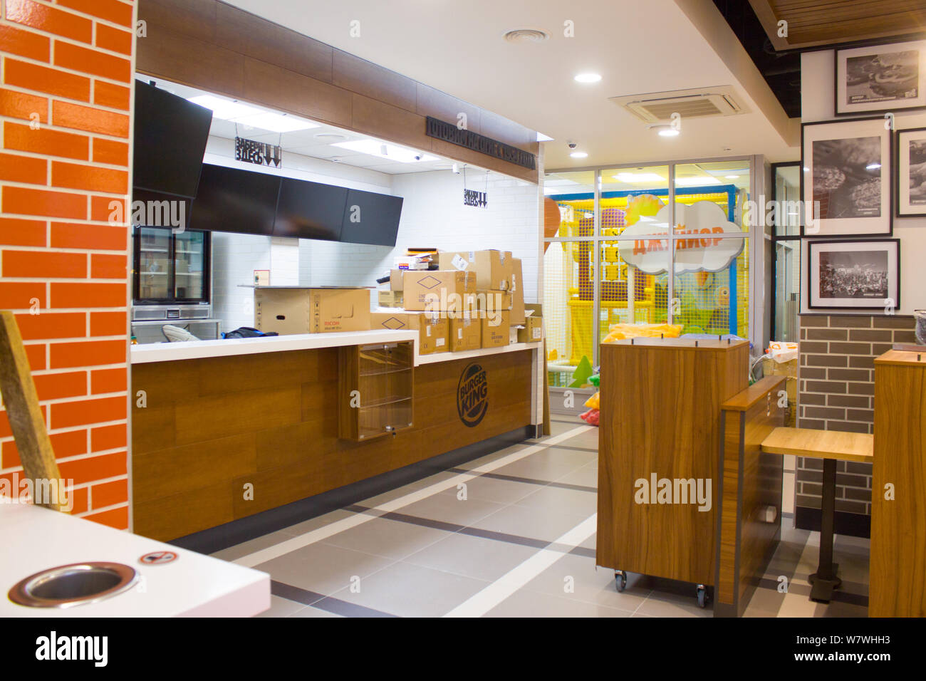 ST. PETERSBURG, RUSSIA-NOVEMBER 11, 2018: Construction of a new fast food restaurant Burger King. interior the building before opening Stock Photo