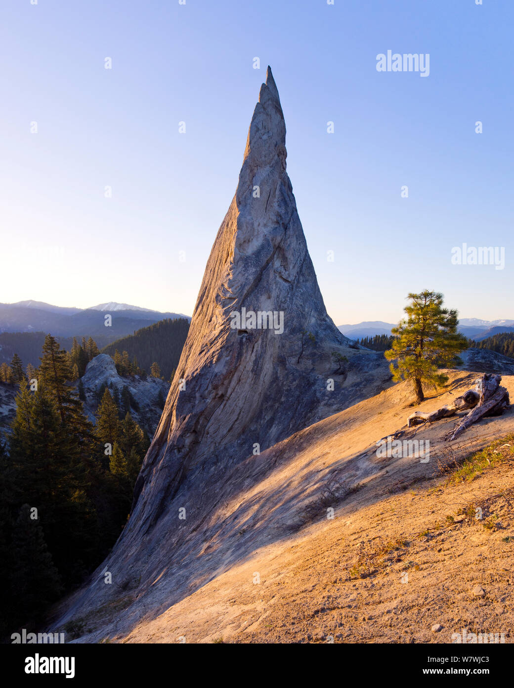 A stone spire at sunrise in the eastern Cascades of Washington, USA. April 2014. Stock Photo