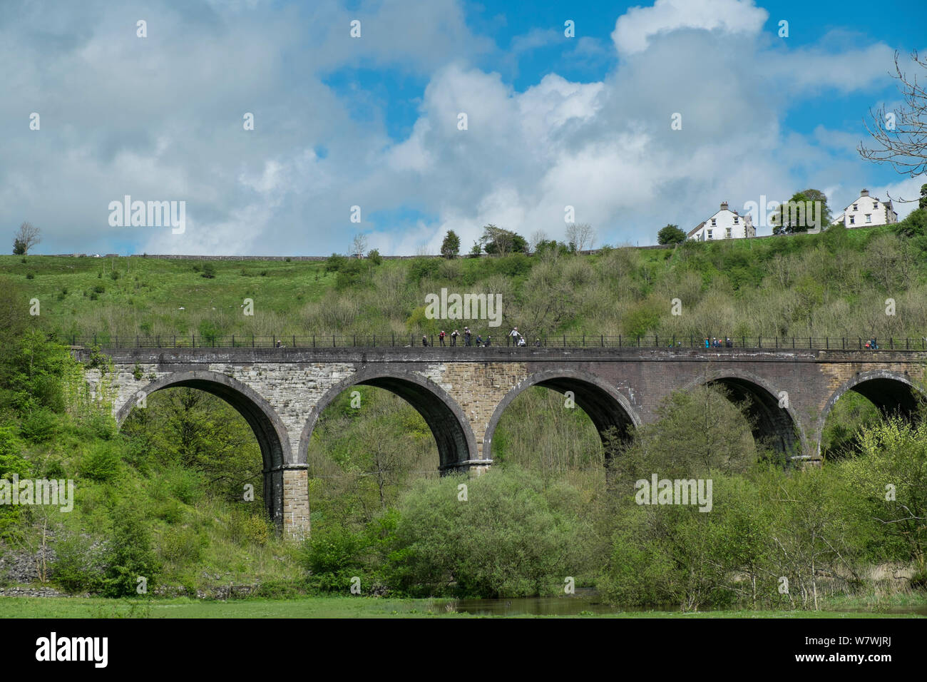 Walkers and cyclists on the Monsal Viaduct, known as the Monsal Trail, Peak District National Park, Derbyshire, England. Stock Photo