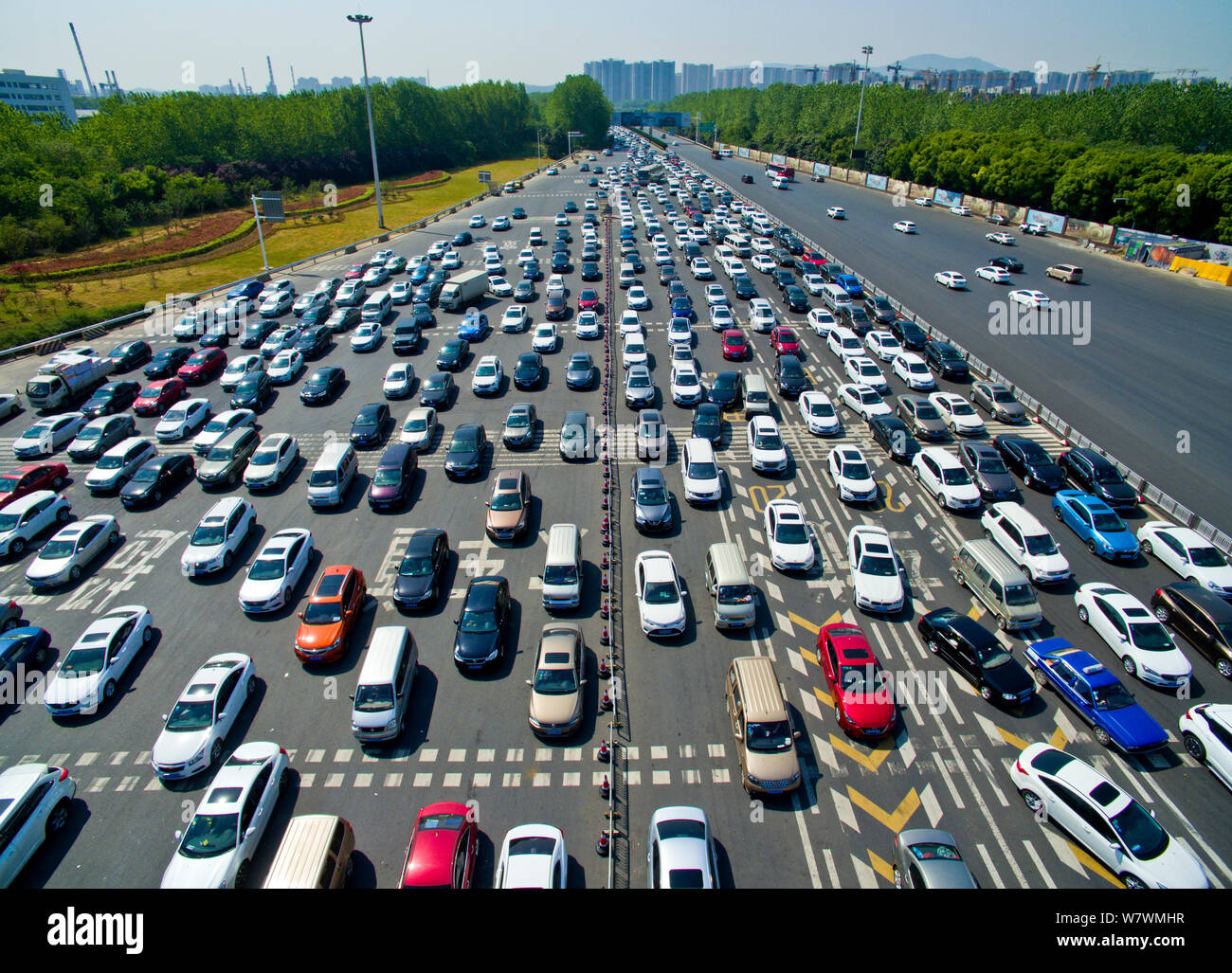 Aerial view of masses of vehicles during a traffic jam on an expressway