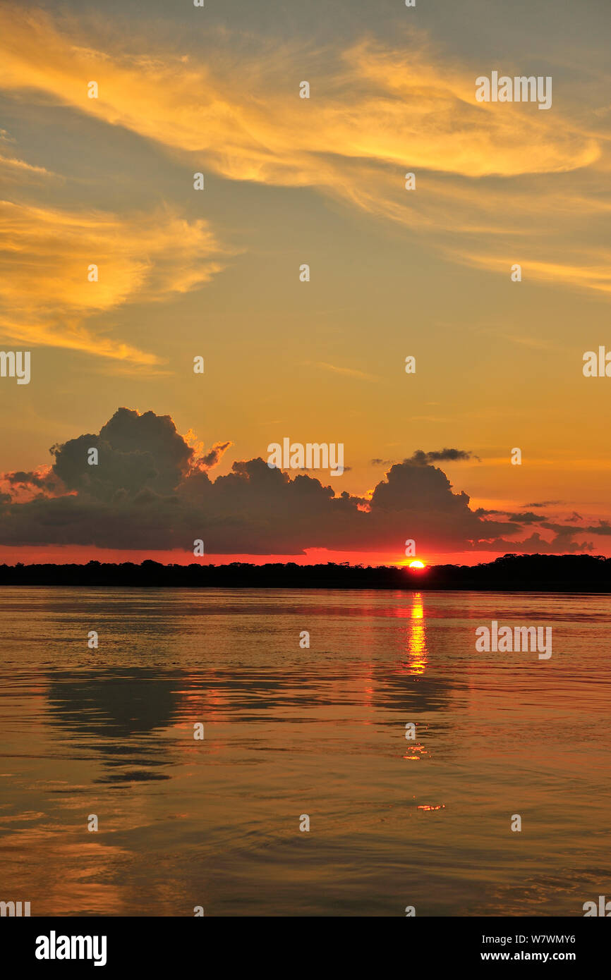 Sunset in Japura River, Alvaraes, Amazonas State, Northern Brazil. Stock Photo