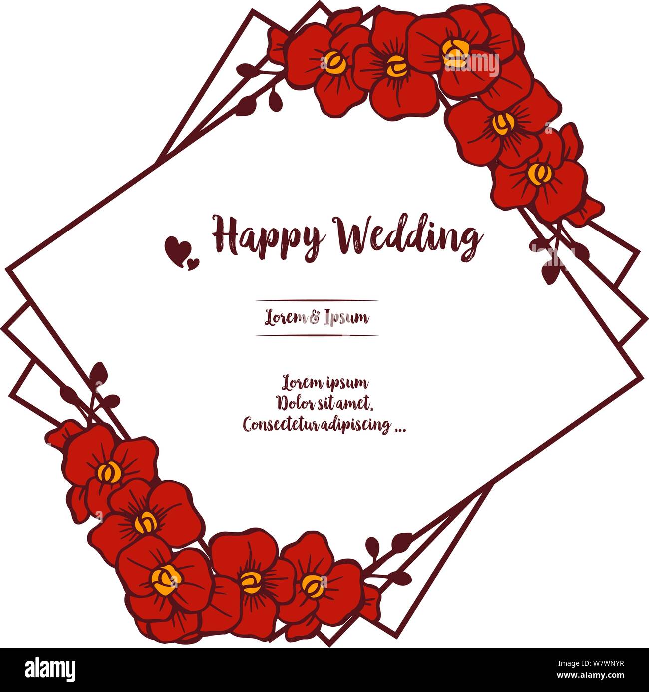 Shape of unique frame, with red flower, lettering of happy wedding ...
