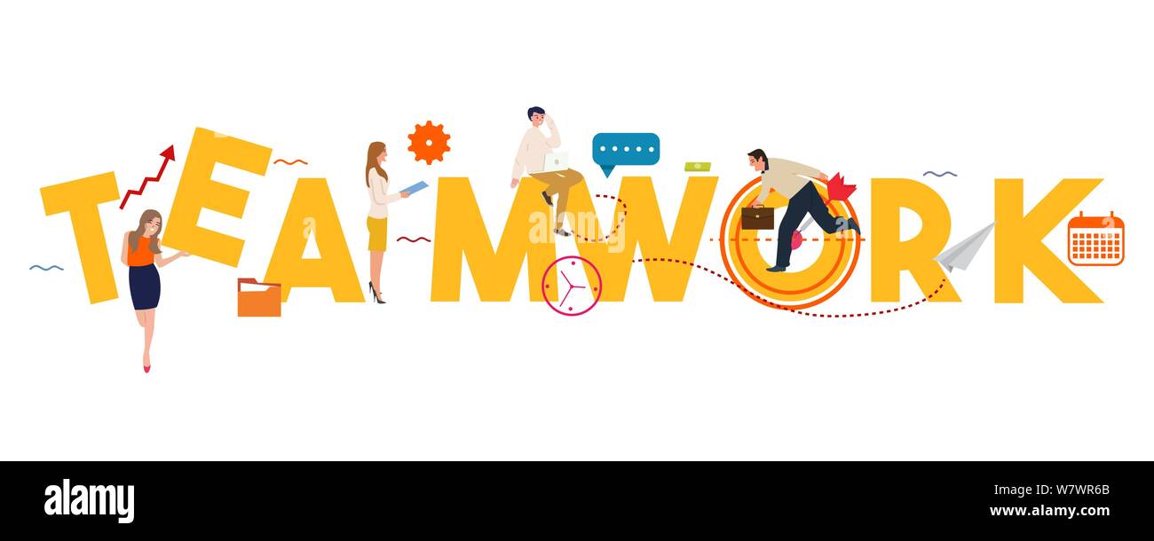 Teamwork. working together as a team concept ofpeople group in company big text large community crowd. Stock Vector